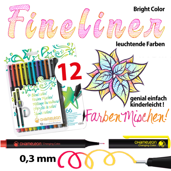 Chameleon Fineliners -12 Stifte Malset-Leuchtende Farben-Bright Colors
