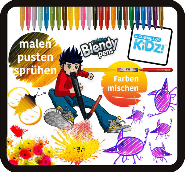 Blendy Pens Kreativ Set 24 Marker+16 Ausmalkarten+BLASTA Airbrush Hand-Pumpe